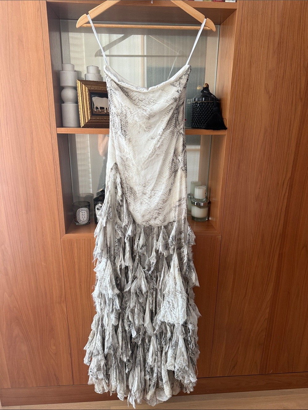 RETROFETE Silk Chiffon Strapless Corset Back Side Slit Ruffle Skirt Gown XS